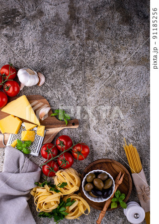 Italian food cooking background with pasta Italian food cooking background with pasta 91185256