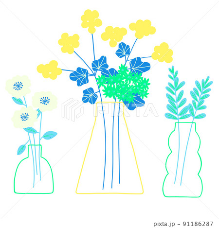 3つのガラスの花瓶と黄色や青の草花のイラスト素材