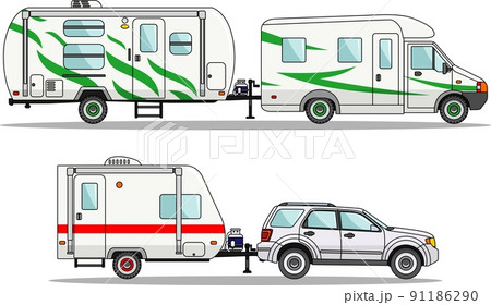 Set of car and travel trailers on a white background in flat style. Vector illustration. 91186290