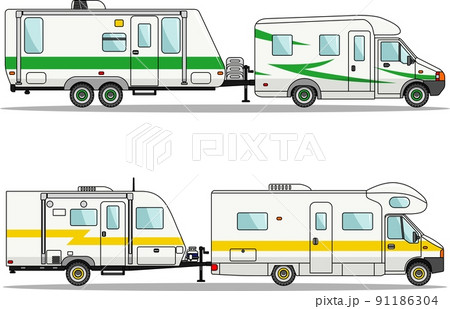 Set of car and travel trailers on a white background in flat style. Vector illustration. 91186304