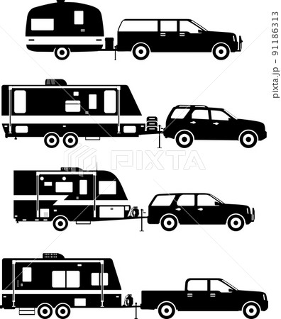 Set of different silhouettes travel trailer caravans on a white background. Vector illustration. Set of different silhouettes travel trailer caravans on a white background. Vector illustration. 91186313