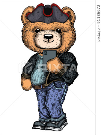 Cute teddy bear in Christmas hat and blue jeans. Cool boy selfie Cute teddy bear in Christmas hat and blue jeans. Cool boy selfie 91186672