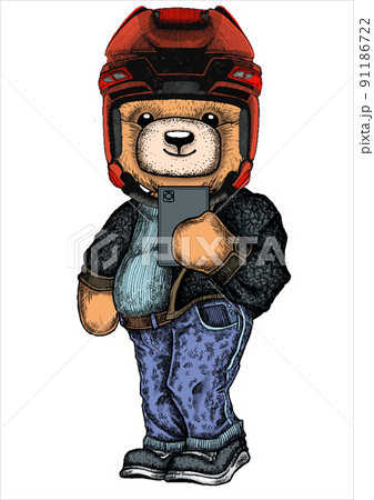 Cute teddy bear in Christmas hat and blue jeans. Cool boy selfie 91186722