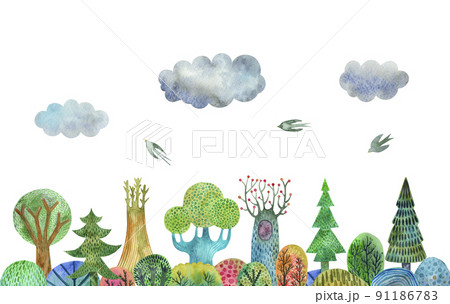 sticker colorful fantasy forest hand drawn watercolor illustration 91186783