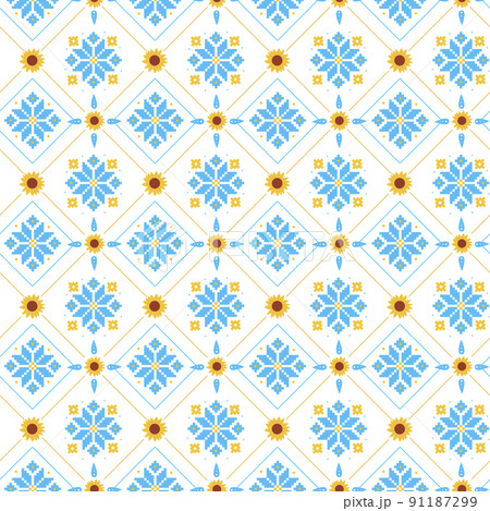 Seamless pattern with sunflowers and embroidered elements in national blue and yellow colors on white background Seamless pattern with sunflowers and embroidered elements in national blue and yellow colors on white background 91187299
