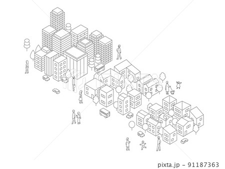 オフィス街と住宅地のアイソメベクターイラスト 91187363