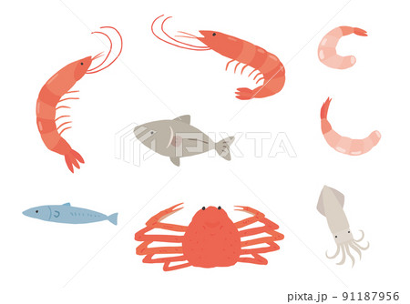 エビ・カニ・魚・イカの手描きイラストセット(カラー/輪郭線なし) エビ・カニ・魚・イカの手描きイラストセット(カラー/輪郭線なし) 91187956
