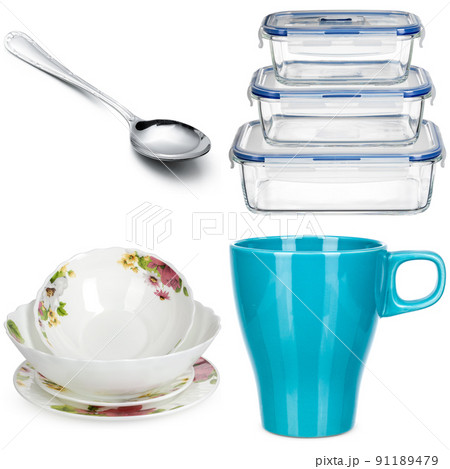 Collage of crockery and cutlery on white background 91189479