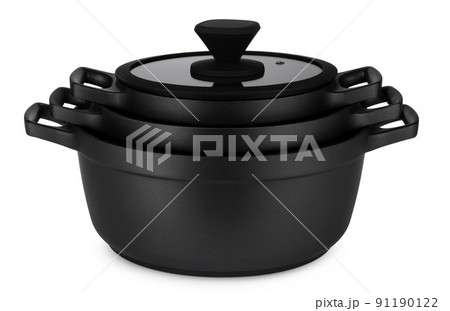 New set of black saucepans isolated on white 91190122