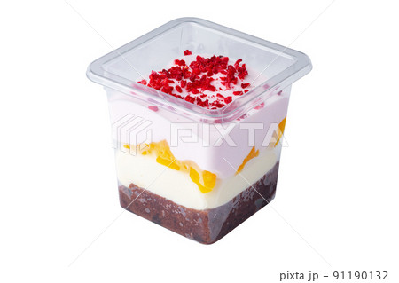 Mousse dessert in takeaway plastic cup isolated on white 91190132