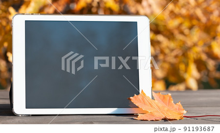 Tablet with a blank screen on the table against the backdrop of an autumn park. Template for design or advertising 91193687