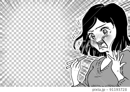 A cartoon-style illustration of a woman who eats and shouts "Ummaaaaaaaaaa" (concentrated line version) 91193728