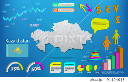 Kazakhstan map info graphics - charts, symbols, elements and icons collection. Detailed Kazakhstan map with High quality business infographic elements. 91194013