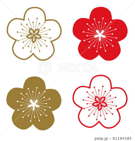 紅白梅花圖 紅色、白色和金色的梅花圖標集-插圖素材[91194385] - PIXTA圖庫