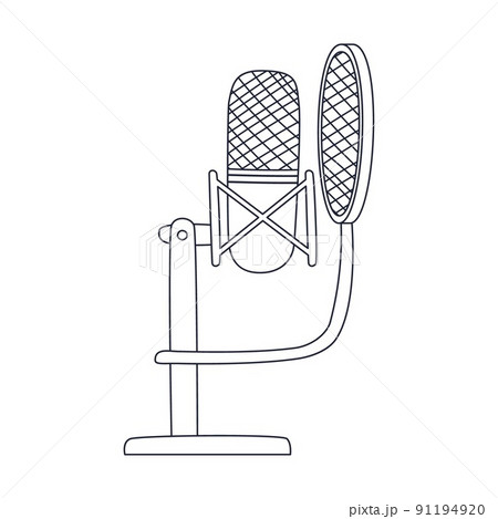 Outline professional studio microphone with pop filter on stand. Musical audio equipment for podcasting, singing. Linear doodle vector illustration isolated on white background. 91194920