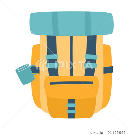 Tourist backpack with a mug and a tourist mat. Equipment for fishing, tourism, travel, camping, hiking. Flat vector illustration isolated on a white background. 91195045