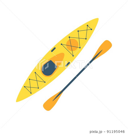 A plastic kayak with a paddle. Rowing boat for fishing, tourism, travel, active water sports. Top view. Flat vector illustration isolated on a white background. 91195046