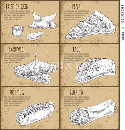 Fried Chicken Pizza Poster Set Vector Illustration 91198293