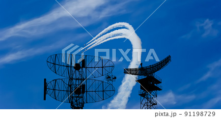 Air defense raiders of military mobile anti-aircraft complexes (radar is designed  and automatic tracking of targets and missiles) against the background of the flight of modern combat fighters,Russia 91198729