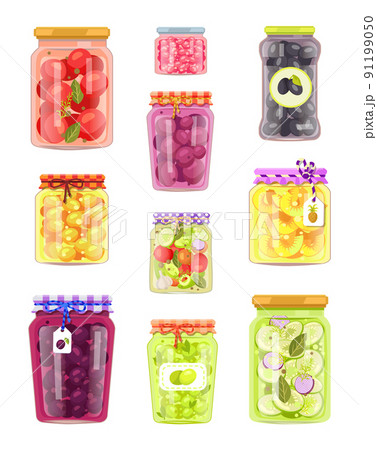 Preserved Fruit and Vegetables Set Vector Icons 91199050