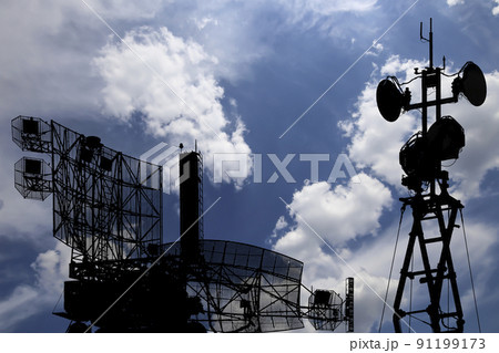 Air defense radars of military mobile anti aircraft systems, modern army industry on background beautiful clouds and sky, Russia Air defense radars of military mobile anti aircraft systems, modern army industry on background beautiful clouds and sky, Russia 91199173