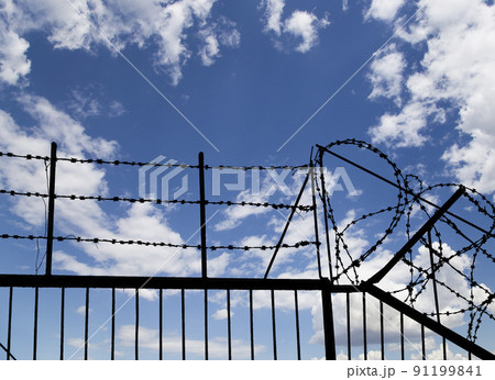 Contour of barbed wire on background beautiful clouds and sky Contour of barbed wire on background beautiful clouds and sky 91199841