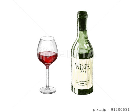 赤ワインのグラスとビンの水彩イラストのイラスト素材