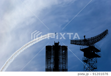 Air defense raiders of military mobile anti-aircraft complexes (radar is designed  and automatic tracking of targets and missiles) against the background of the flight of modern combat fighters,Russia 91201076