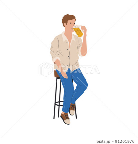 People drink beer. Alcohol beverage. Man sitting on stool in pub. Cartoon characters with ale pint. Lager bottle. Friday leisure in bar. Oktoberfest holiday. Vector drinker on chair 91201976