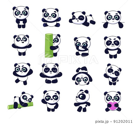 Panda bears set. Cute animal baby characters in different poses, kid nursery decor, children birthday mascot, happy simple black and white teddy, isolated card elements. Vector stickers collection Panda bears set. Cute animal baby characters in different poses, kid nursery decor, children birthday mascot, happy simple black and white teddy, isolated card elements. Vector stickers collection 91202011