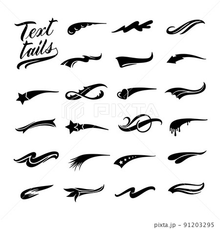 Text tails. Calligraphic swoosh, retro decorative swish line and underline curl for baseball sport emblem design vector set 91203295