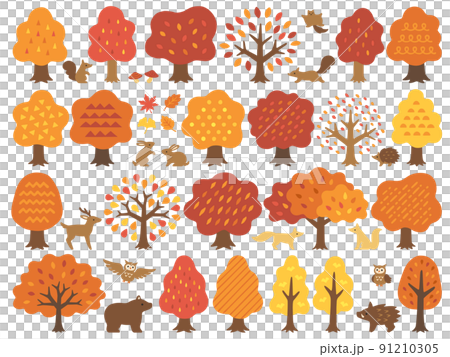 手描き風の色々な紅葉した木と動物達のイラストセット 91210305