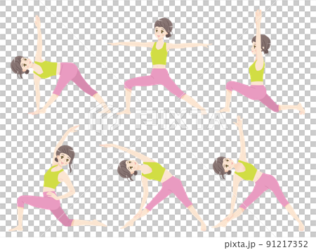 ヨガをする若い女性のイラスト素材セット 91217352