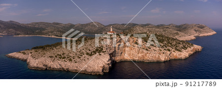 Drone panorama of Struga lighthouse on the Croatian island of Lastovo Drone panorama of Struga lighthouse on the Croatian island of Lastovo 91217789