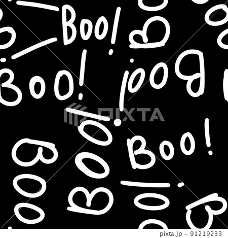 Seamless hand drawn black and white Halloween pattern with boo words cartoon ghost skull bones. Cute minimalist background for kids party invitation tesxtile wrapping paper. October nursery print. Seamless hand drawn black and white Halloween pattern with boo words cartoon ghost skull bones. Cute minimalist background for kids party invitation tesxtile wrapping paper. October nursery print. 91219233