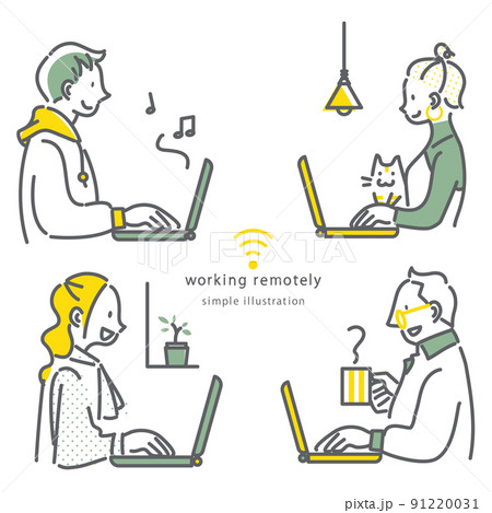 ノートパソコンでテレワークをする人たち　シンプルでお洒落な線画イラスト 91220031