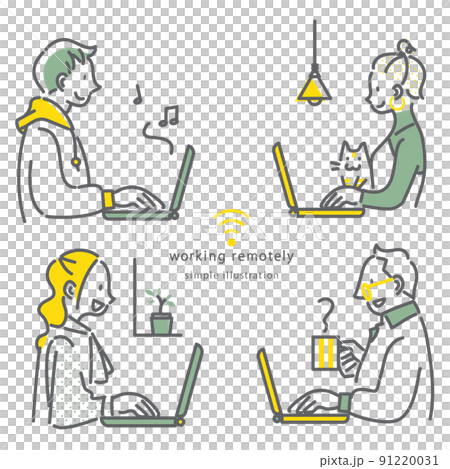 People who telework with a laptop computer Simple and stylish line drawing illustrations 91220031