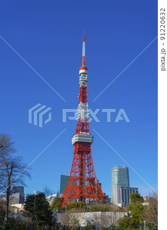 Tokyo Tower against blue sky ,looking from Shiba Park in Tokyo, Japan. 91220632