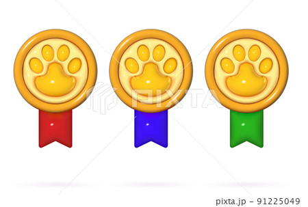 Winner pet medal with ribbon in 3d cartoon style. Award rosette badge render. Soft pop vector design element 91225049