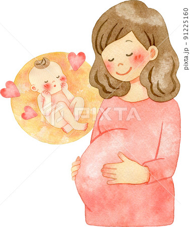 大きなお腹をなでる妊婦(上半身)と胎児のイラスト 91225160