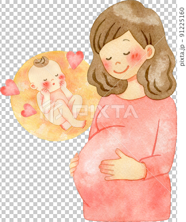 大きなお腹をなでる妊婦(上半身)と胎児のイラスト 91225160