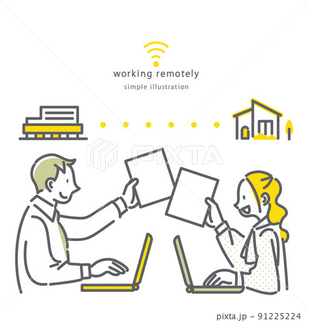 オンラインで書類を共有するビジネスパーソン シンプルでお洒落な線画イラスト オンラインで書類を共有するビジネスパーソン シンプルでお洒落な線画イラスト 91225224