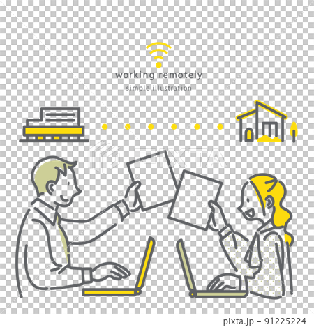 オンラインで書類を共有するビジネスパーソン シンプルでお洒落な線画イラスト オンラインで書類を共有するビジネスパーソン シンプルでお洒落な線画イラスト 91225224