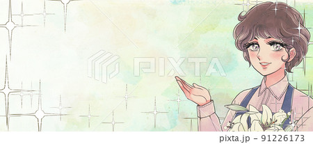 昭和の少女漫画イラストバナー・花を持った美しい女性 昭和の少女漫画イラストバナー・花を持った美しい女性 91226173