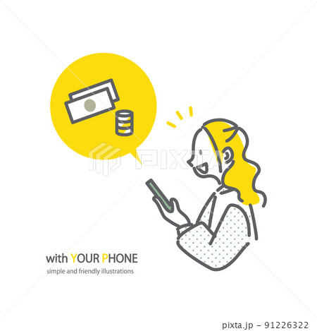 スマホでかんたん手続をする若い女性　シンプルでお洒落な線画イラスト 91226322