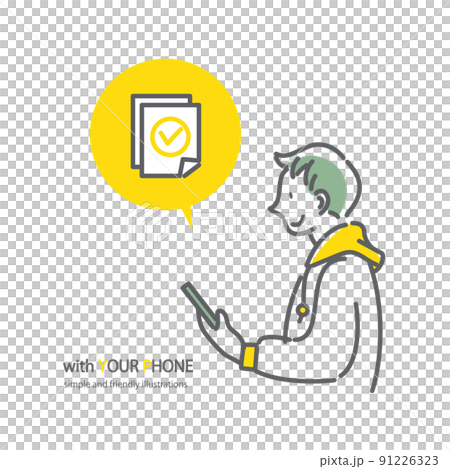 A young man who does simple procedures with a smartphone Simple and fashionable line drawing Irasu 91226323