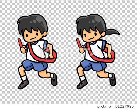 襷とバトンをもって走る日本人男女のイラスト 91227080