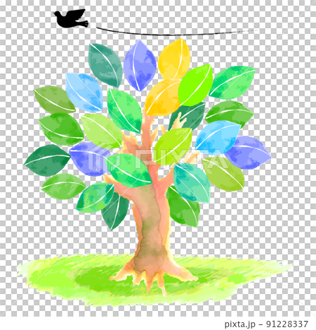 手描きの水彩の大木と平和の鳩のイラスト 91228337