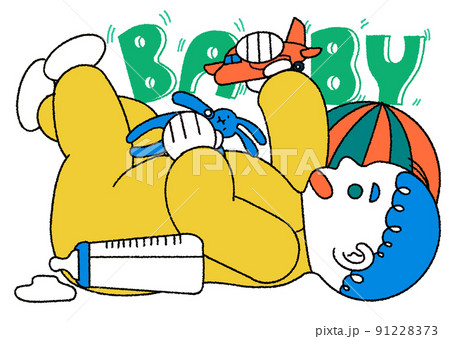 おもちゃで遊ぶかわいい赤ちゃんのレトロなイラスト 91228373