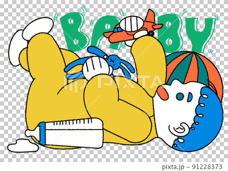 おもちゃで遊ぶかわいい赤ちゃんのレトロなイラスト 91228373